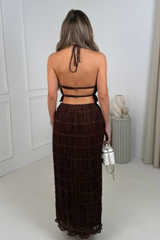 Ophelia chocolate chiffon open back top & maxi skirt co ord
