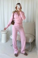 Becky pink ribbed cropped jacket & wide leg trousers