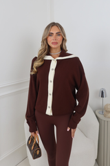 VIOLET CHOCOLATE CONTRAST SILVER BUTTON UP FOLD OVER NECK CARDIGAN