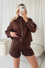 Kady mocha contrast piping zip through jacket & shorts loungewear
