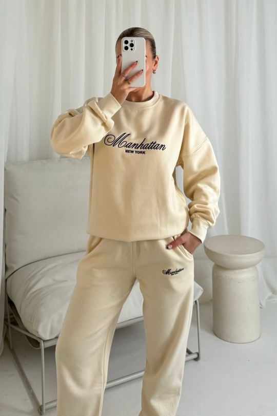 Manhattan ecru and chocolate embroidered sweater joggers loungewear