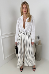 ADIBA WHITE POLKA DOT BELTED STRAIGHT LEG TROUSERS