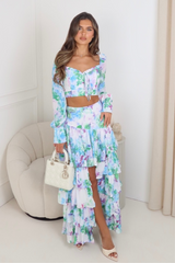Larnie blue floral bardot long sleeve top & maxi skirt co ord co-ord