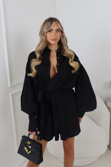 INDIE LINEN BLACK FLOWY SHIRT DRESS