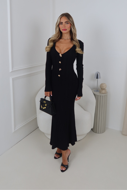 STELLA BLACK KNITTED MAXI DRESS WITH GOLD DETAILING