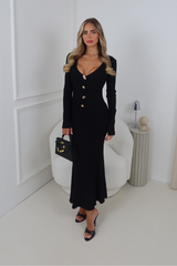 STELLA BLACK KNITTED MAXI DRESS WITH GOLD DETAILING