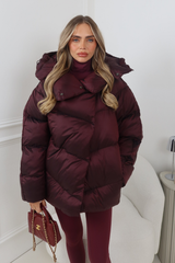 CARMILLA BURGUNDY HIGH COLLAR SHINE FINISH HOODED PUFFER COAT