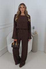 KOBIE CHOCOLATE STRIPE CRINKLE LONG SLEEVE TOP AND TROUSER CO ORD