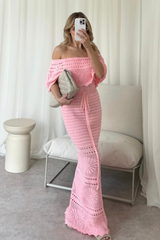 Amie pink crochet off shoulder maxi dress