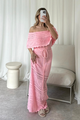 Amie pink crochet off shoulder maxi dress