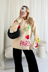 Tokyo ecru printed premium relaxed hoodie