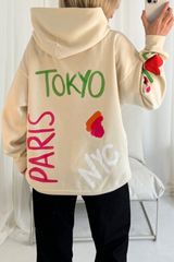 Tokyo ecru printed premium relaxed hoodie