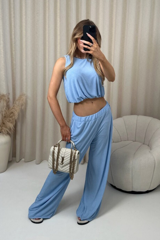 Lisa blue crop top and trouser co-ord