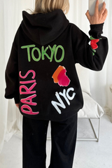Tokyo black printed premium relaxed hoodie