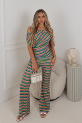 Gabby green striped off the shoulder lounge co ord