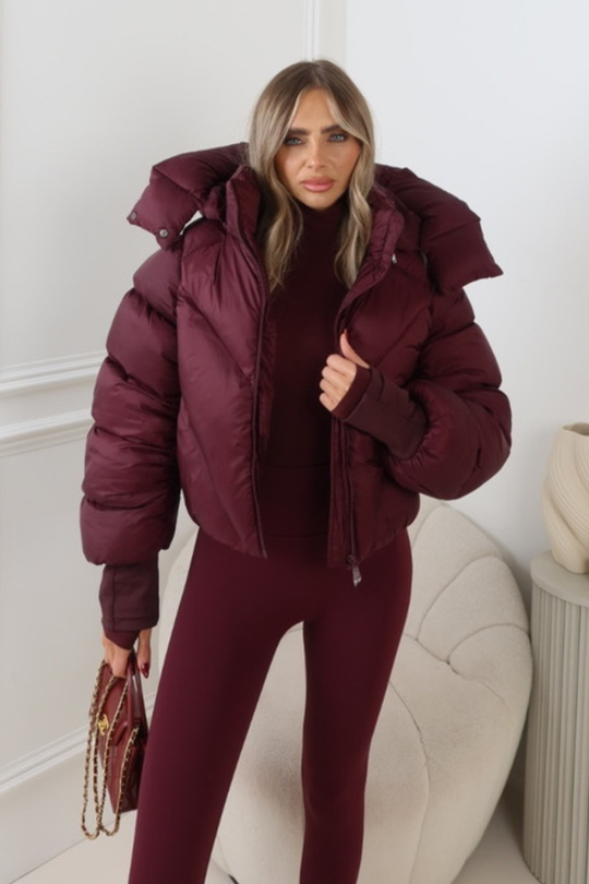 MIA BURGUNDY CROPPED PUFFER JACKET WITH DETACHABLE HOOD