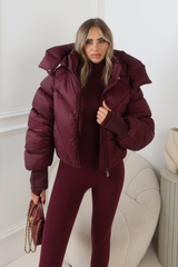 MIA BURGUNDY CROPPED PUFFER JACKET WITH DETACHABLE HOOD