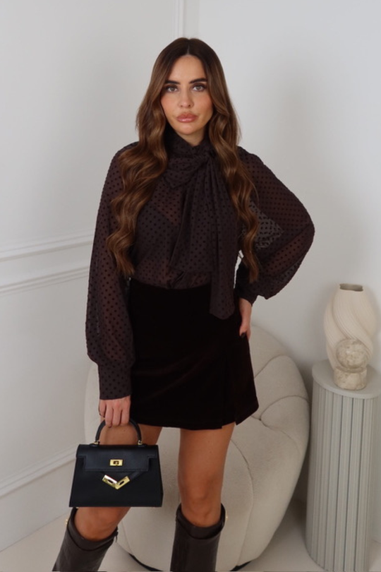 CHANDI CHOCOLATE POLKA DOT BOW TIE NECK BLOUSE