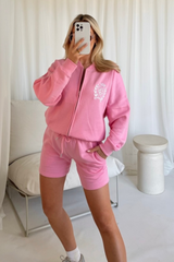 St moritz pink embroidered bomber jacket and shorts loungewear