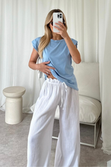 Eliza Blue Shoulder Pad Box T-Shirt Shirts & Tops