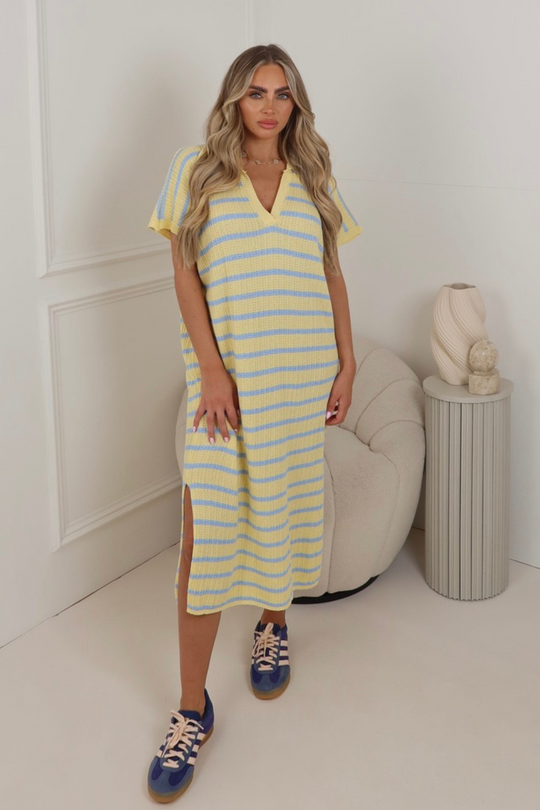 Nia lemon & blue crochet sleeveless midi dress