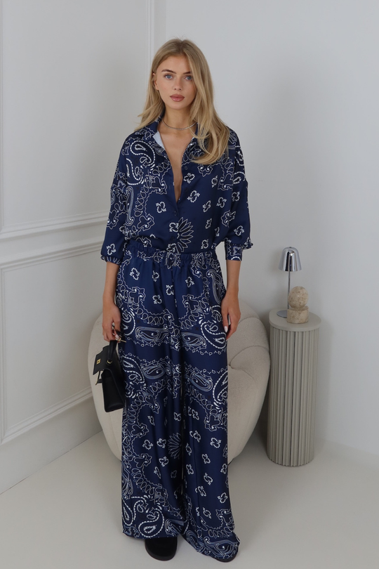 MIKA NAVY PAISLEY PATTERNED SATIN SHIRT & PANTS SET