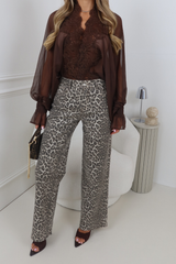 NADIA LEOPARD PRINT STRETCH DENIM WIDE LEG JEANS