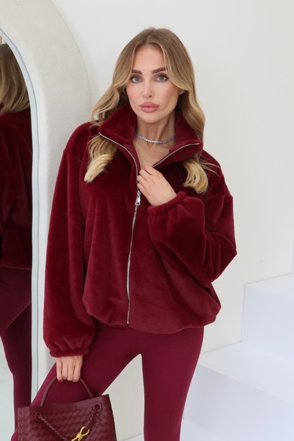 Ivy burgundy faux fur bomber jacket – Glamify Famous For Loungewear