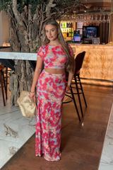 Lacey red multi colour lace top & maxi skirt co ord