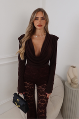 BETTE CHOCOLATE DRAPE LONG SLEEVE SHOULDER PADDED TOP
