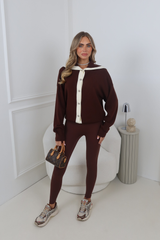 VIOLET CHOCOLATE CONTRAST SILVER BUTTON UP FOLD OVER NECK CARDIGAN