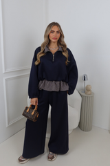 FRANKIE NAVY CHECK 3/4 ZIP & WIDE LEG JOGGER CO ORD