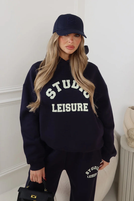 STUDIO LEISURE ESSENTIAL NAVY PRINTED HOODIE