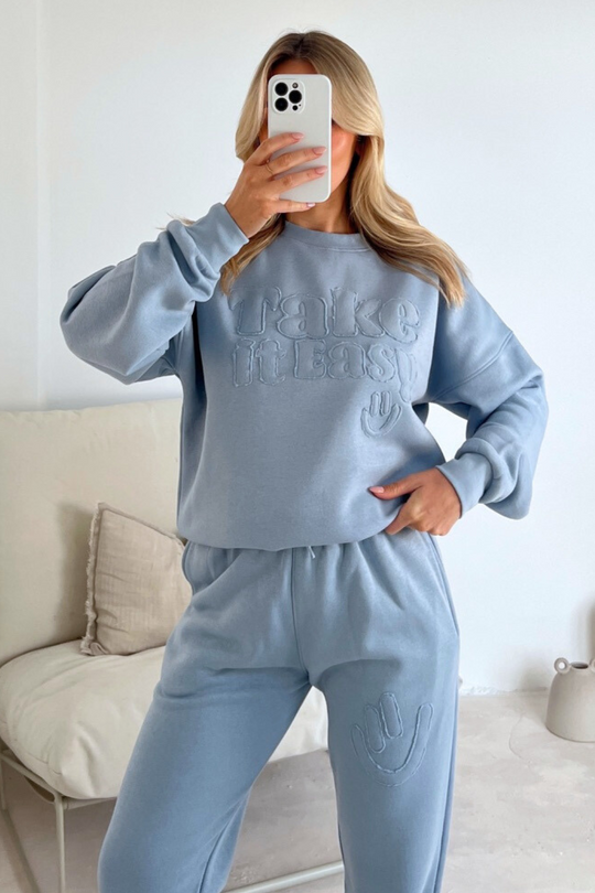 Take it easy baby blue embroidered sweater joggers premium loungewear