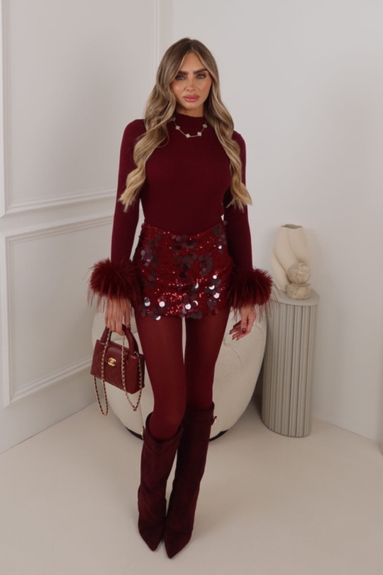 PENELOPY BURGUNDY SEQUIN SKIRT WITH HIDDEN SHORTS