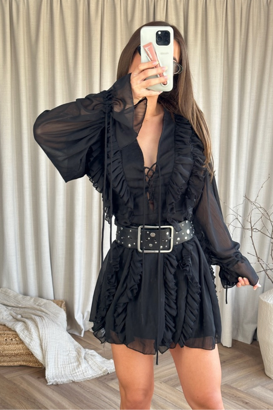 Isabel black frill chiffon dress