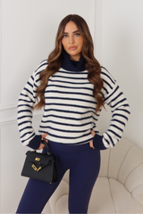 HADLEY NAVY STRIPED HIGH NECK KNITTED JUMPER
