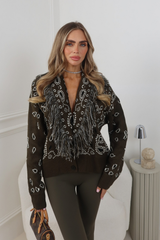 JENNA KHAKI BANDANA PRINT KNIT TASSEL CARDIGAN