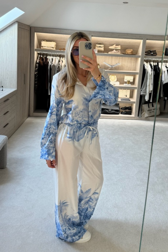 Charlie blue & cream tropical satin shirt and trouser co-ord