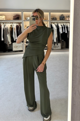 Steph khaki sleeveless top and trouser co-ord