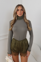 YASMIN SAGE GREEN HIGH NECK RUFFLE THIN LONG SLEEVE TOP