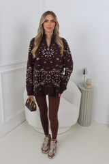 SADIE CHOCOLATE KNITTED PAISLEY STYLE ZIP UP CARDIGAN