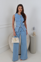 JUNIE BLUE DENIM WAISTCOAT AND MATCHING JEANS TWO PIECE SET