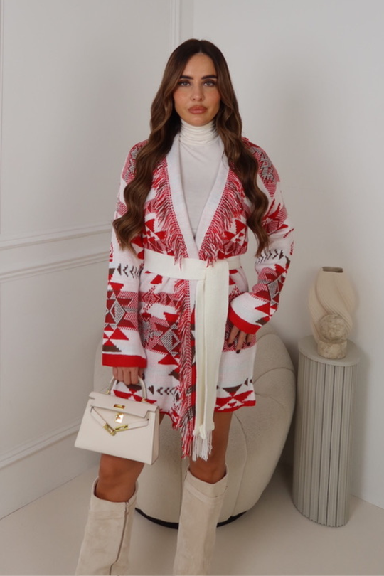 VALENCIA CREAM AZTEC FRINGED BELTED CARDIGAN