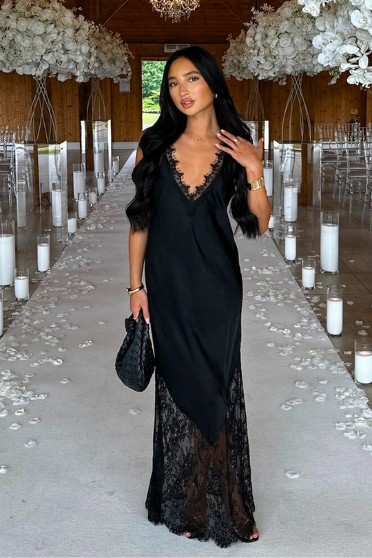 Tiah black satin lace trim maxi dress