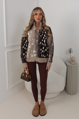 OTTILIE BEIGE DEER PRINT ZIP UP JUMPER