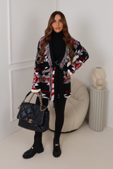VALENCIA BLACK AZTEC FRINGED BELTED CARDIGAN