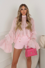 Florentina pink sheer flared sleeve ruffle hem blouse