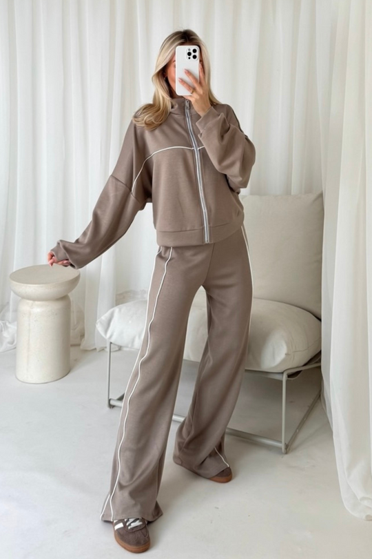 Erin mocha contrast piping zip sweater & trouser loungewear