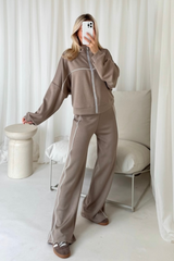 Erin mocha contrast piping zip sweater & trouser loungewear